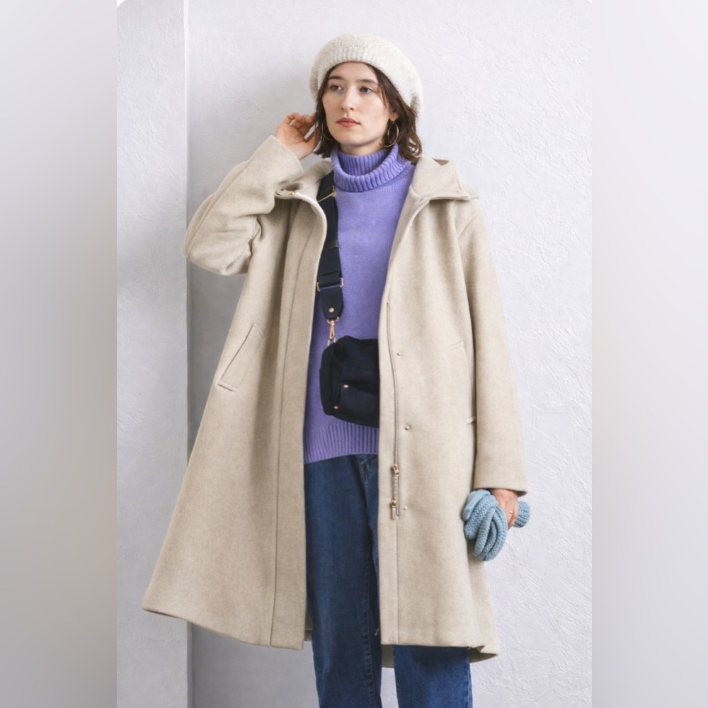 $356 United Arrows Beige Wool Women's Hooded Coat Sz JP38 US6 S Preppy Old money - Picture 2 of 15